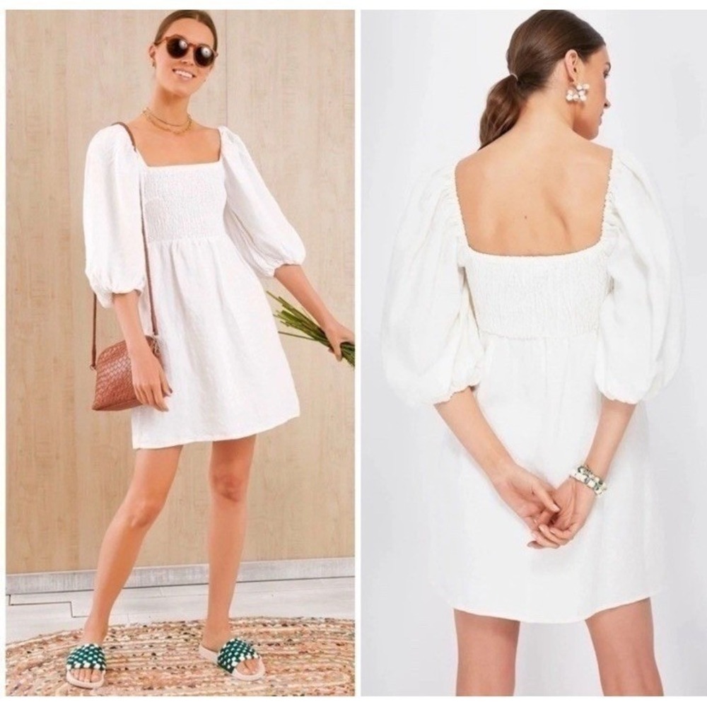 Tuckernuck Dress Puff Sleeve Linen Annie Smocked Mini White Women's Size XS
